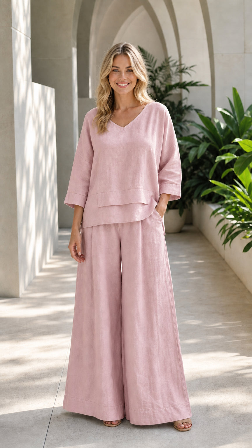 Woman wearing pink two-piece wide-leg lounge set