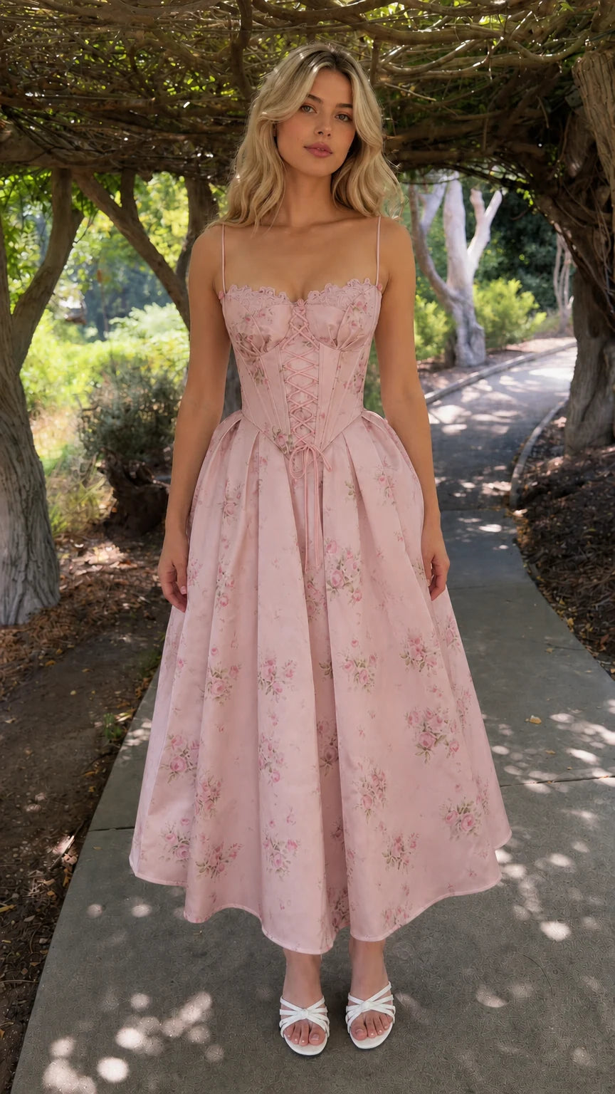 Front view of pink floral lace-up corset midi dress