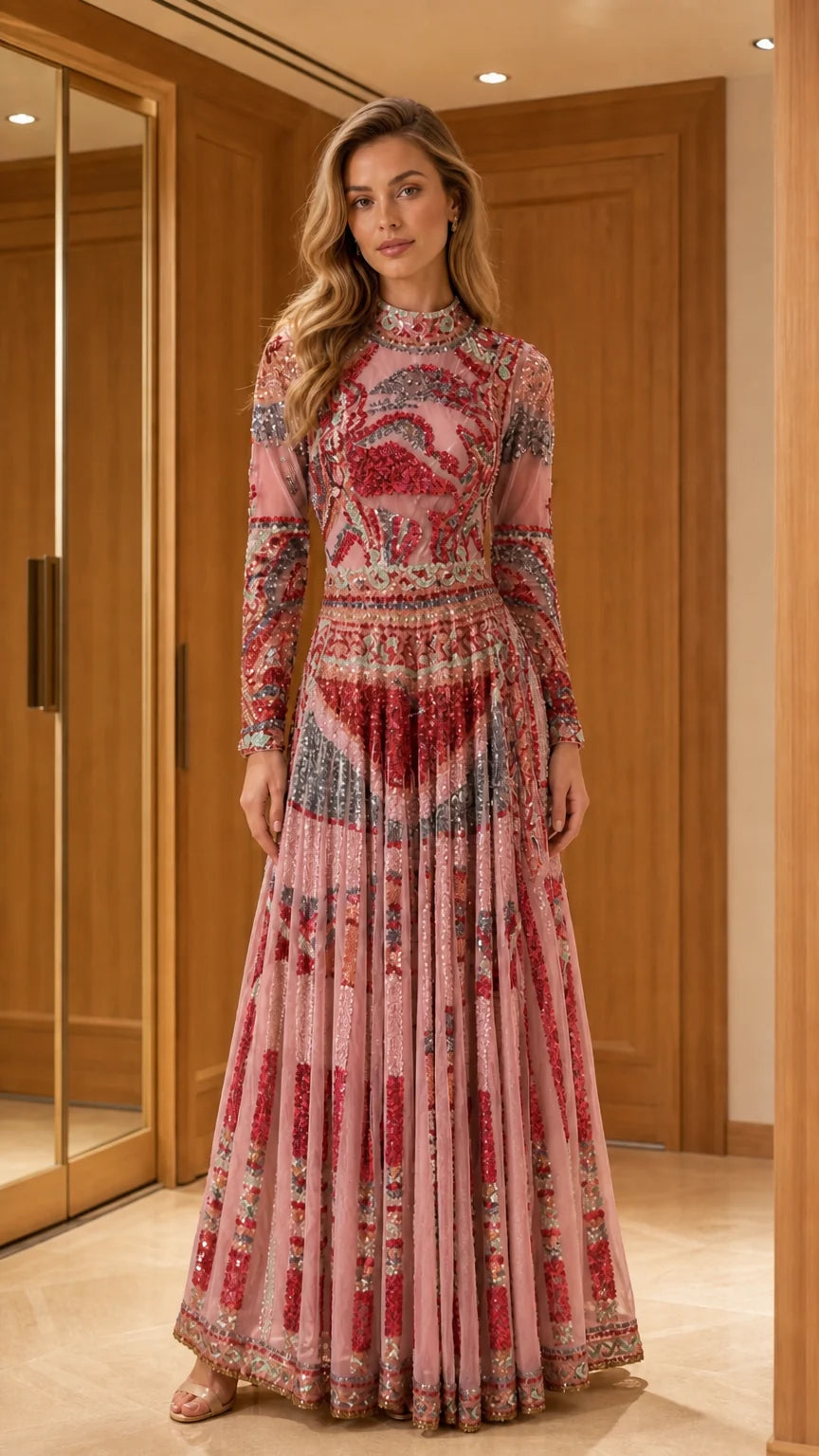 Pink embellished long sleeve evening gown