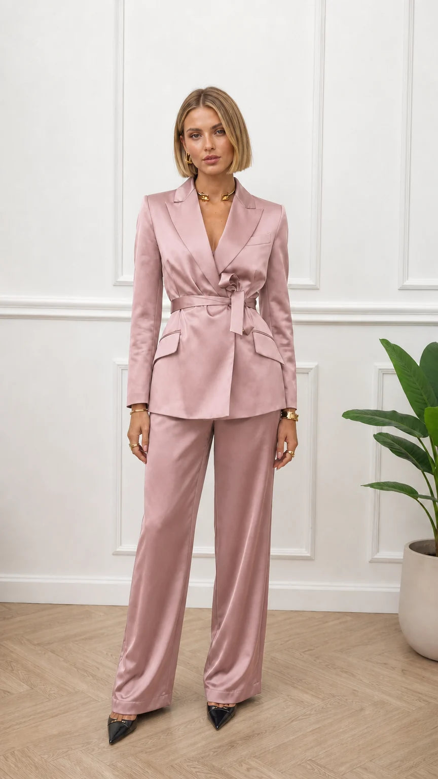 Woman wearing pink satin two-piece suit