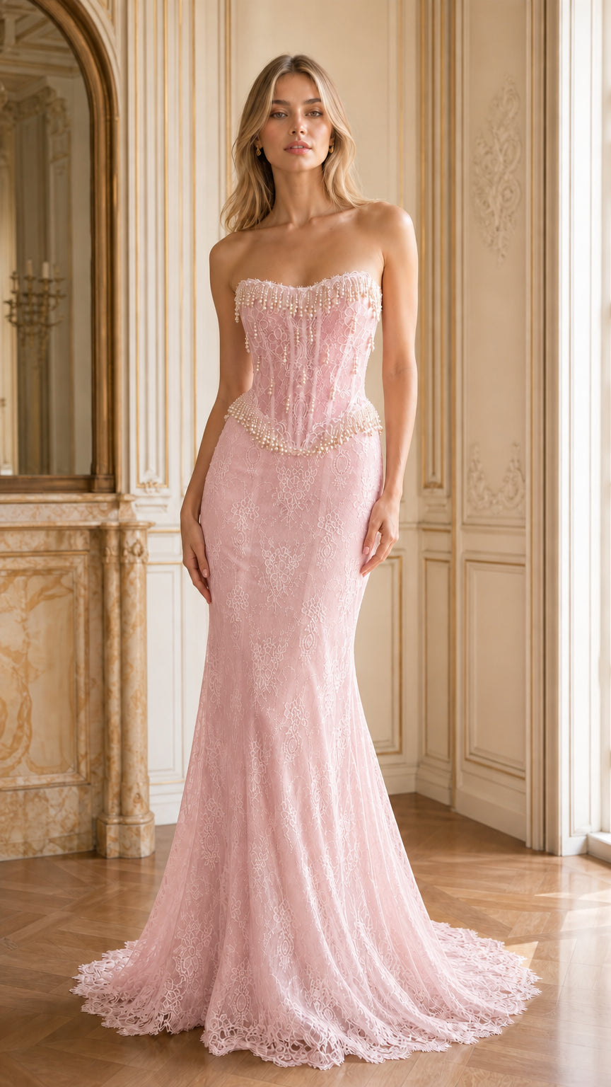 Front full-length view of blush pink strapless pearl beaded corset lace mermaid gown