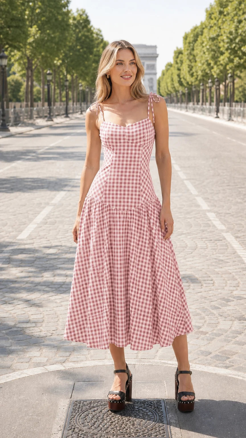 Pink and white gingham midi dress variant on model