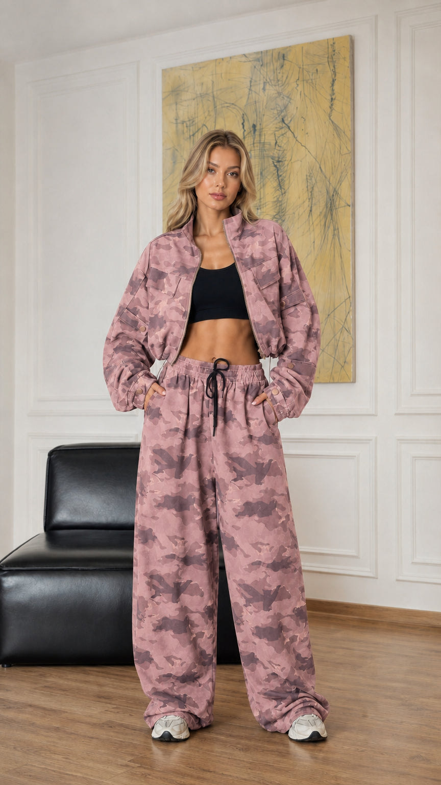 Model wearing dusty pink camouflage cropped jacket and baggy drawstring pants set