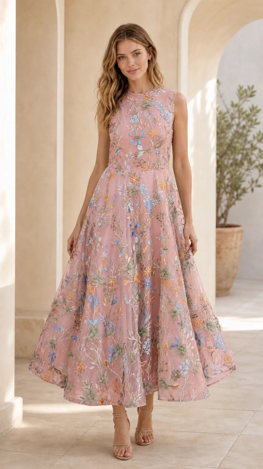 Pink floral embroidered midi dress front view