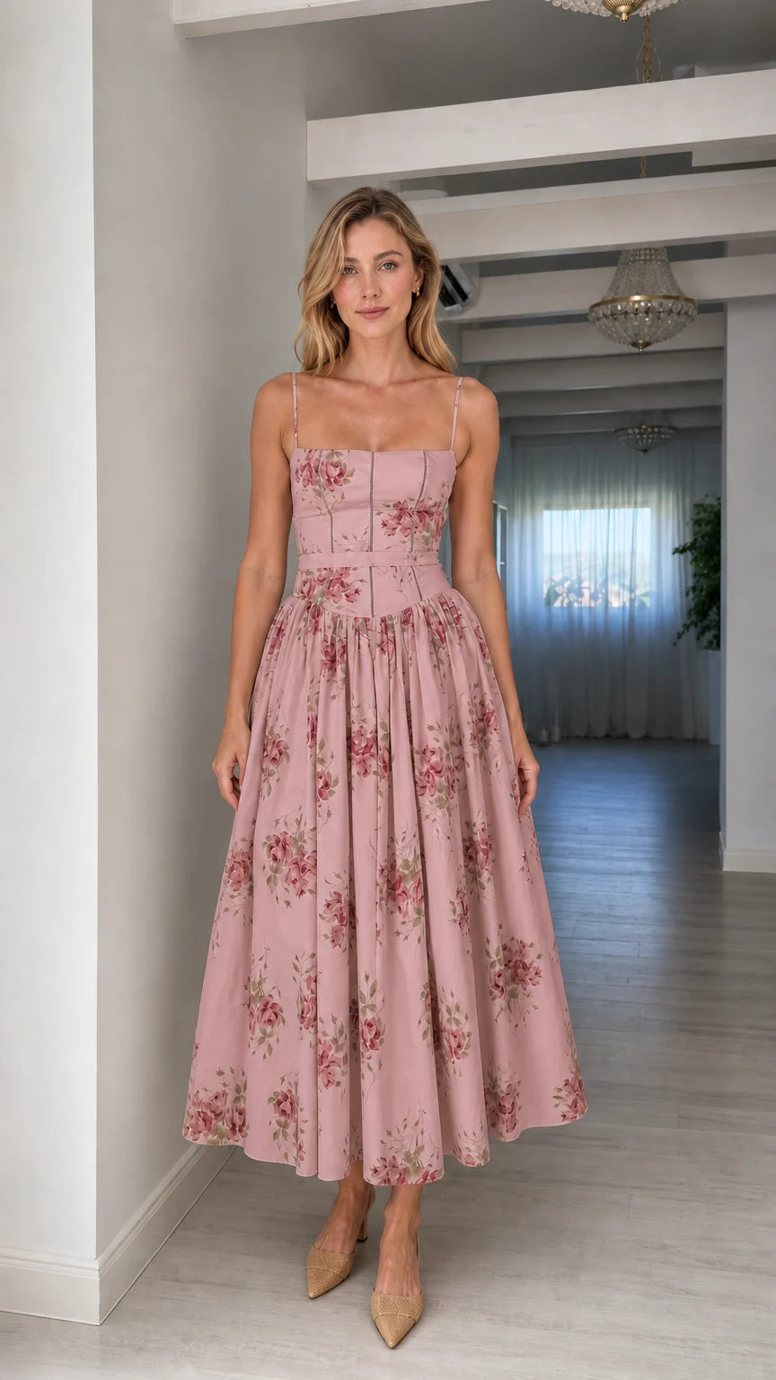Woman wearing pink floral midi dress