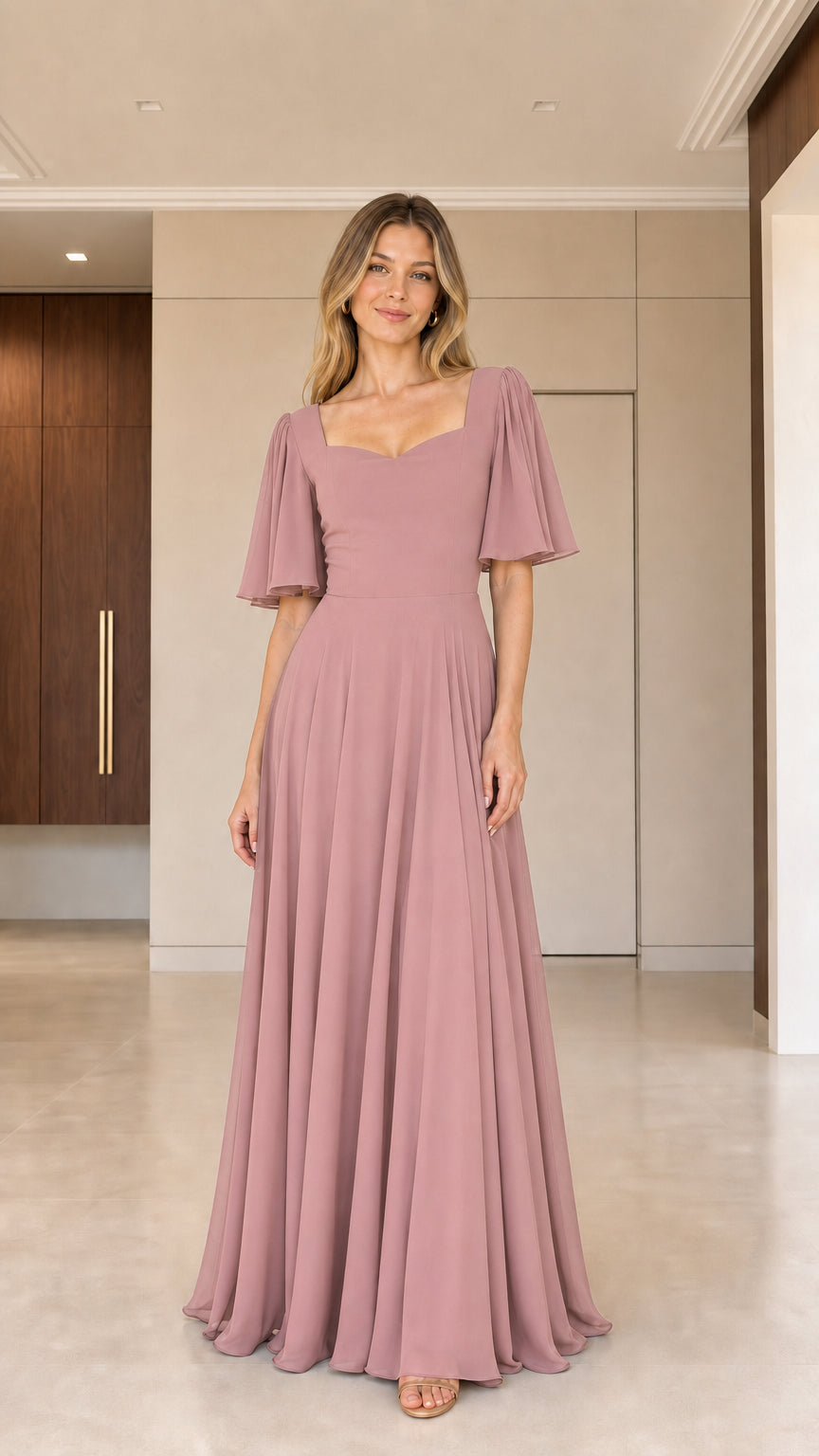 Woman wearing dusty rose sweetheart flutter sleeve pleated bridesmaid dress