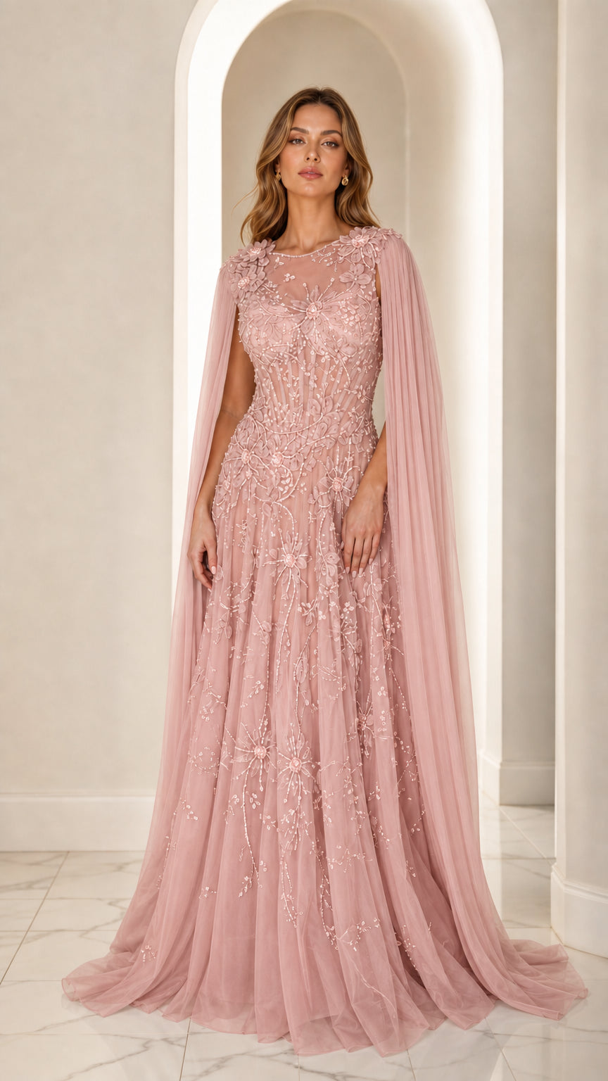 Blush pink beaded illusion cape sleeve maxi gown