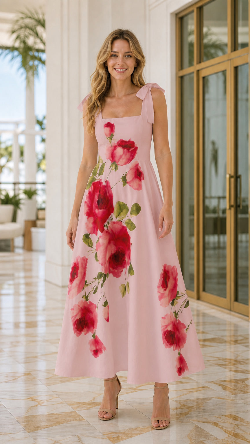 Front view of woman wearing pink floral maxi dress