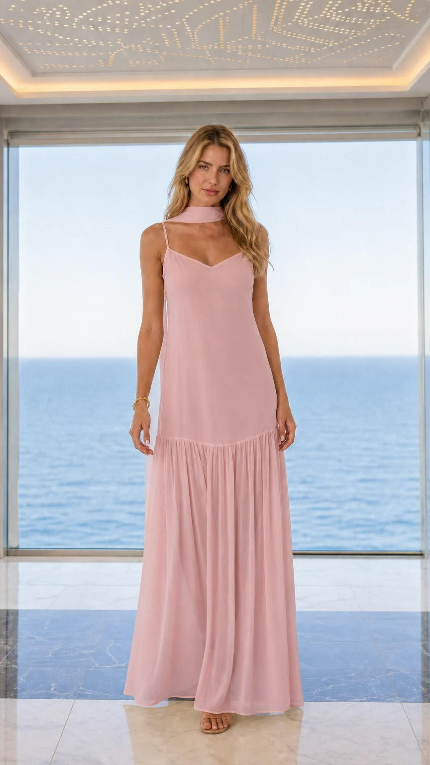Front view of pink choker maxi dress