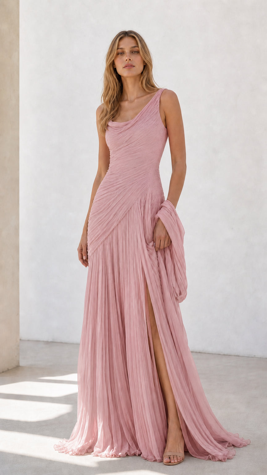 Full view of blush pink pleated draped maxi dress with shawl