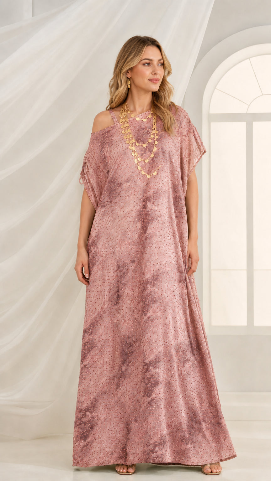 Dusty pink printed cold-shoulder kaftan maxi dress with shimmer details