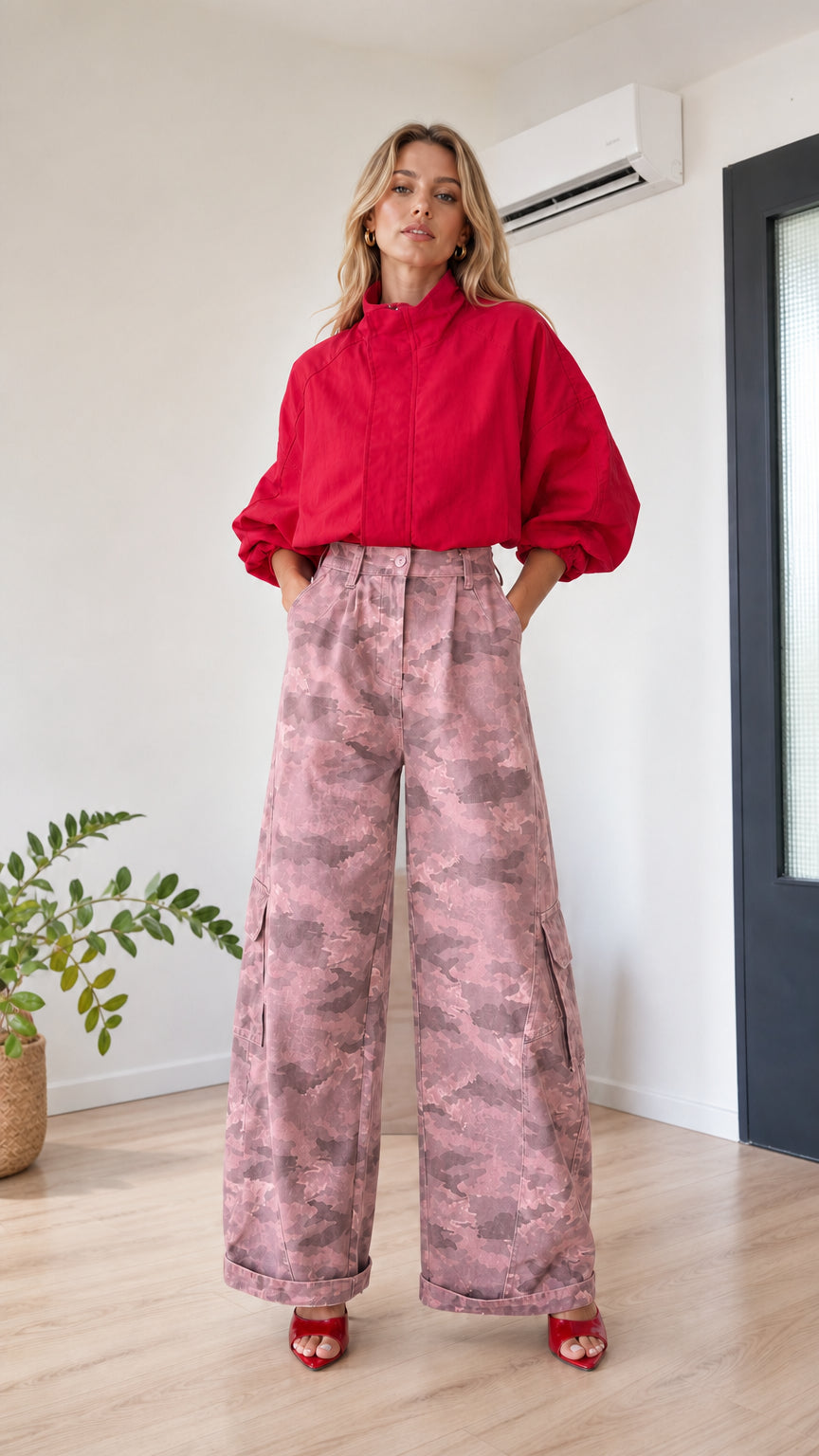 Model wearing dusty pink camo pleated wide-leg cargo trousers with red top