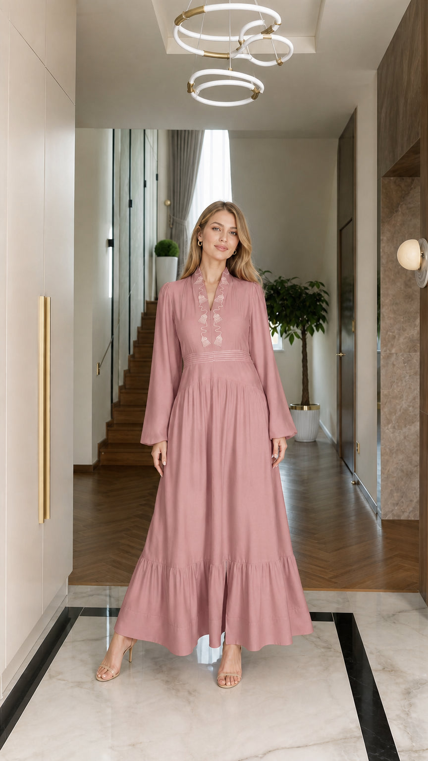 Dusty rose pink embroidered long sleeve maxi dress