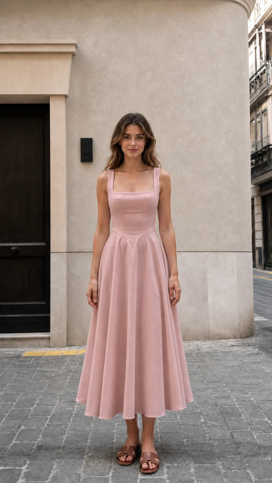Front view of woman wearing pink square neck midi dress