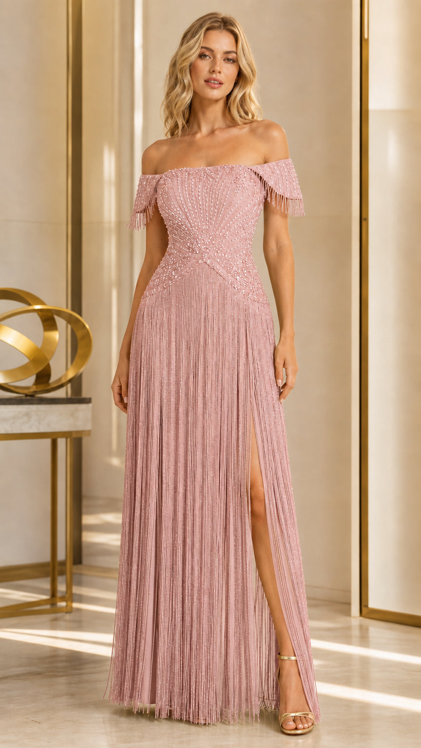 Model wearing dusty pink off-the-shoulder beaded fringe formal maxi gown