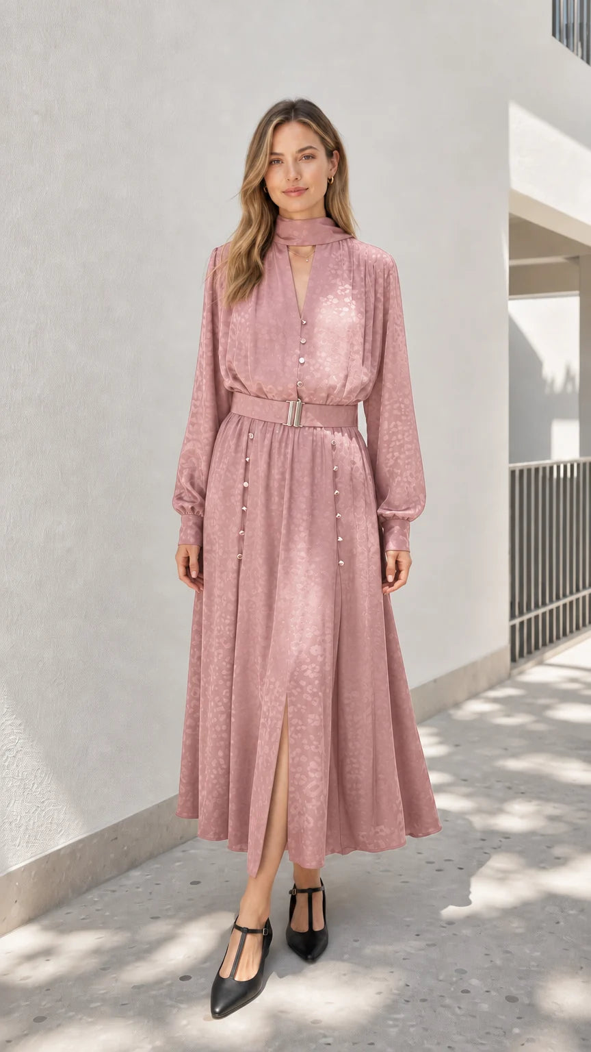 Model wearing dusty pink mock neck midi dress