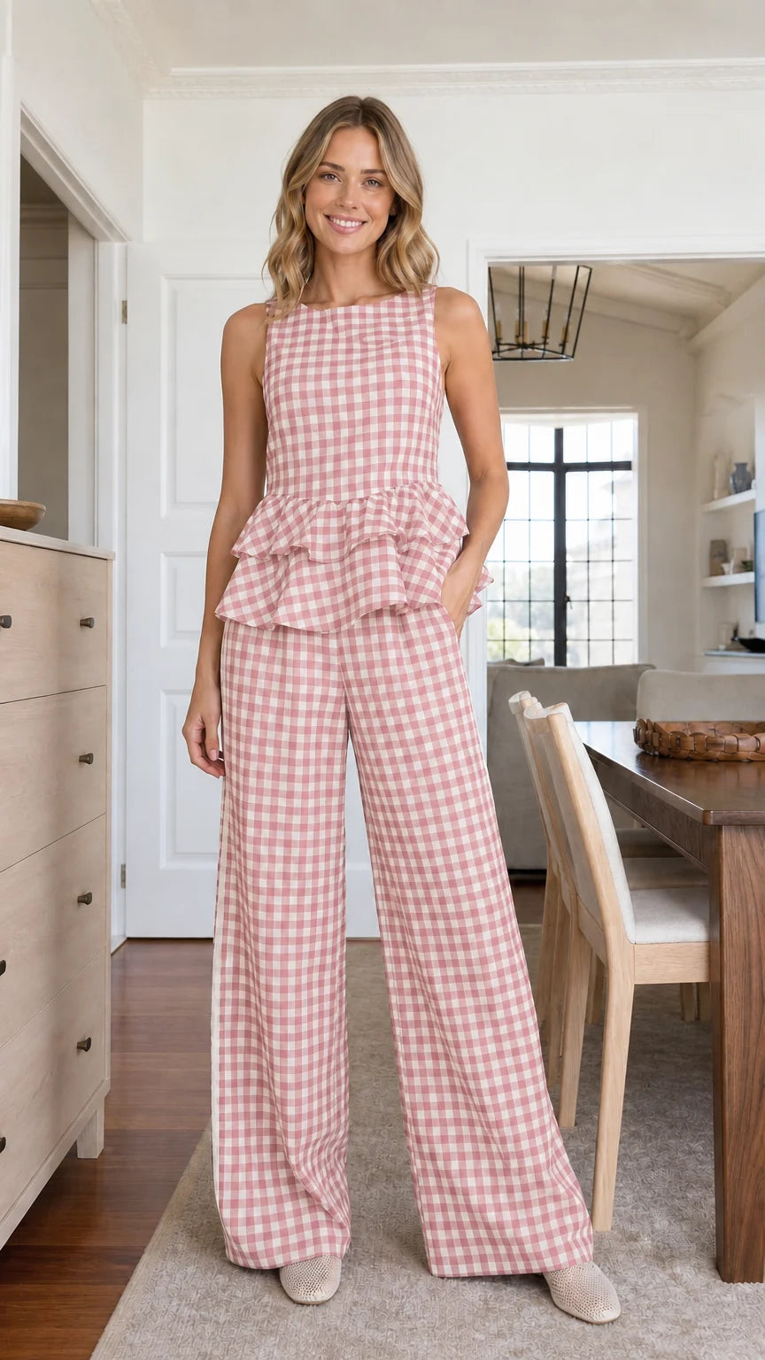 Model wearing pink gingham matching set