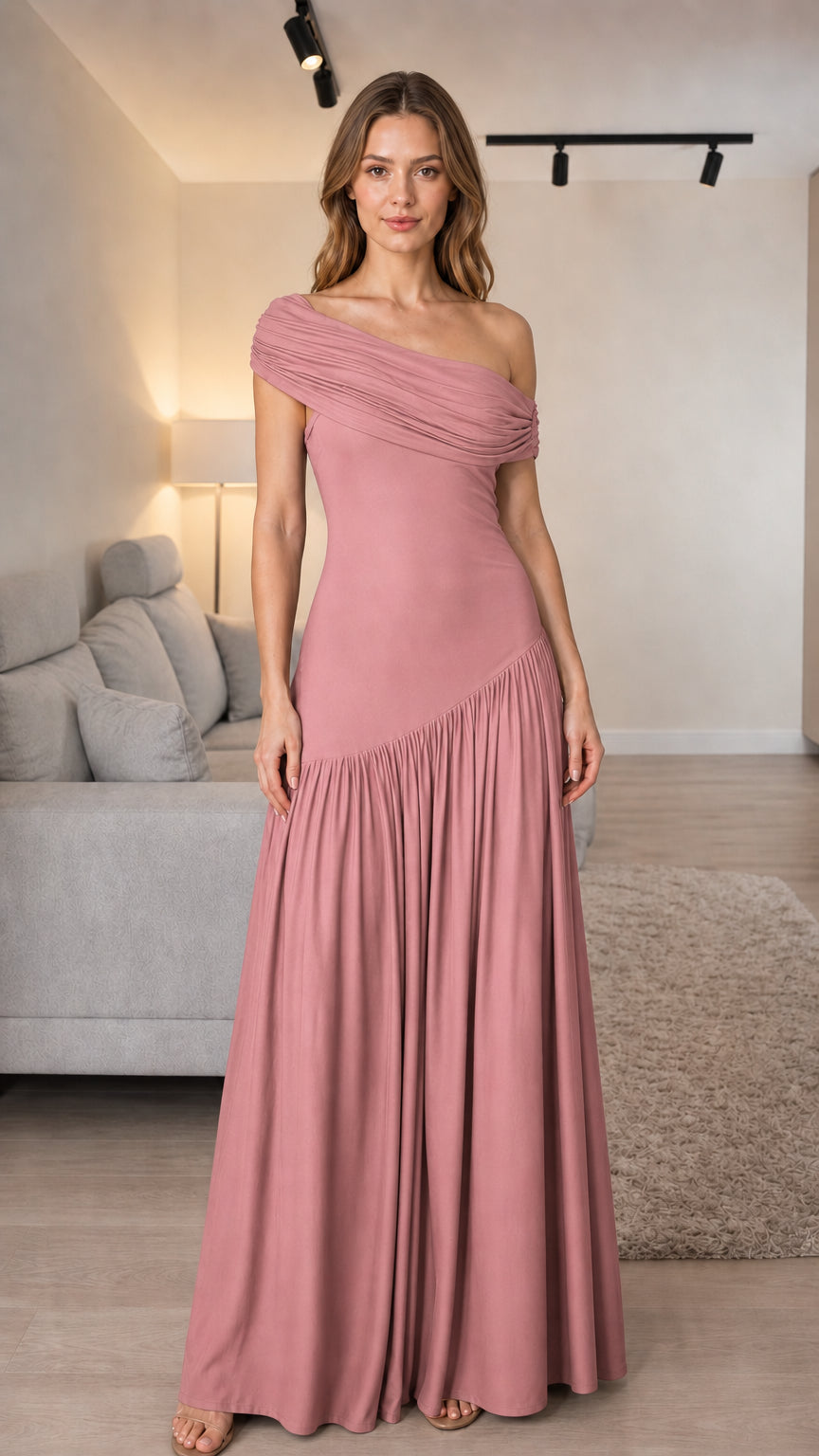 Front view of dusty rose one-shoulder pleated maxi dress