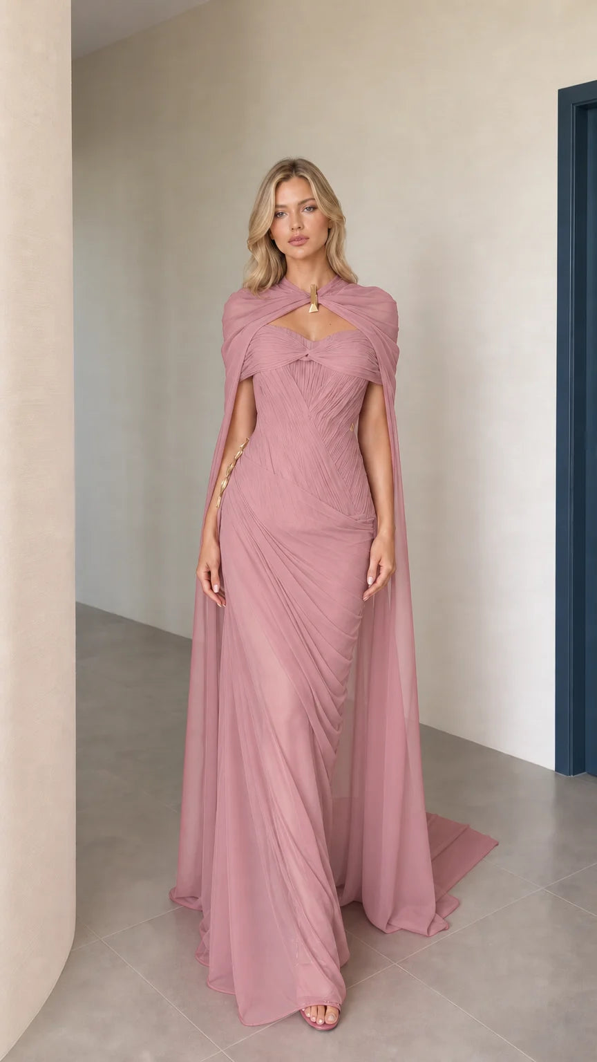 Front view of dusty rose cape maxi evening dress