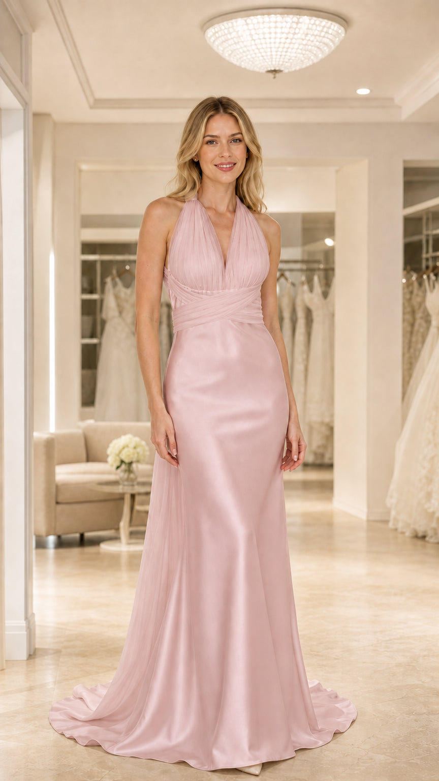 Full-length view of Blush Pink halter pleated satin formal gown