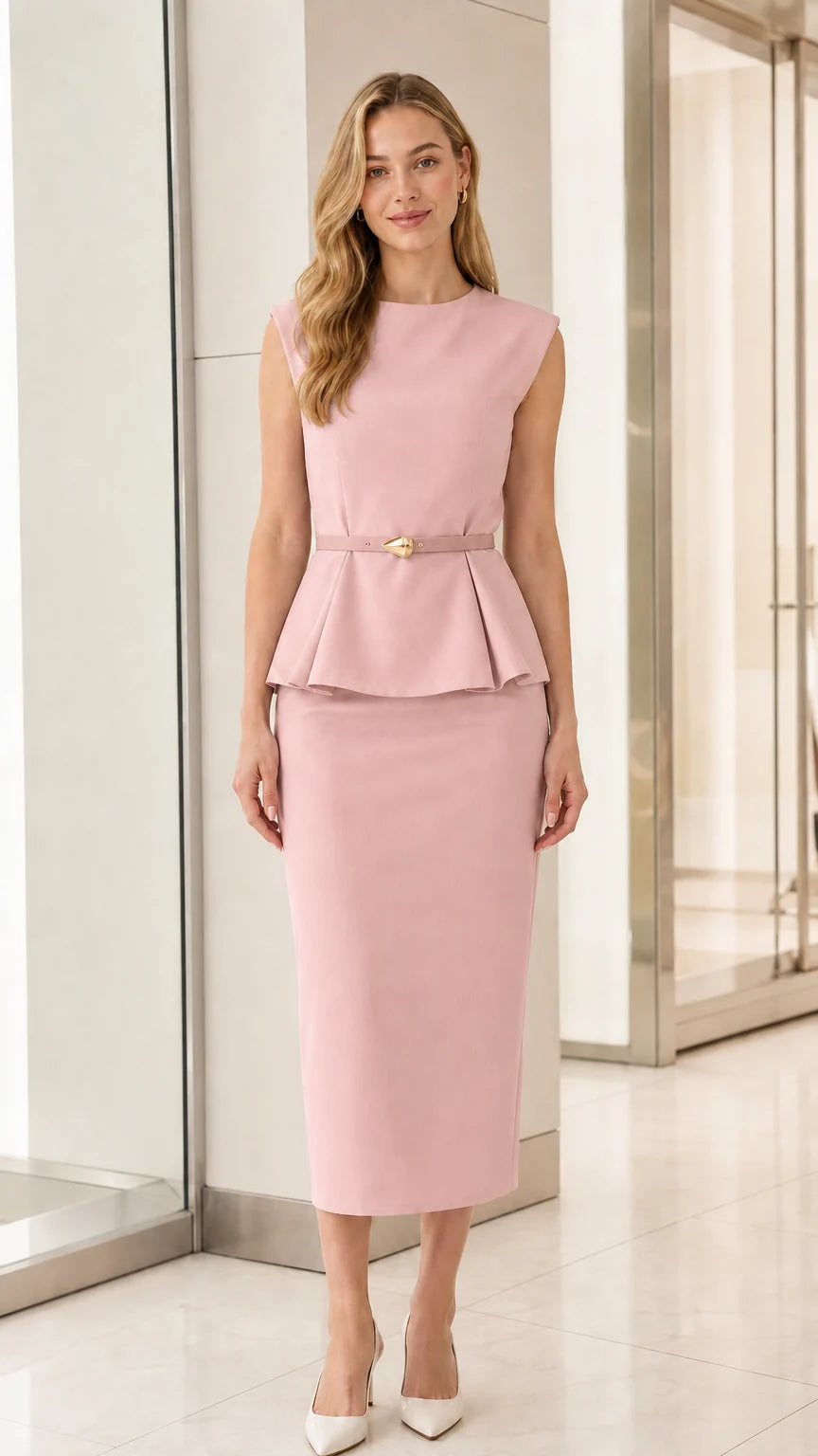 Model wearing soft pink peplum midi dress