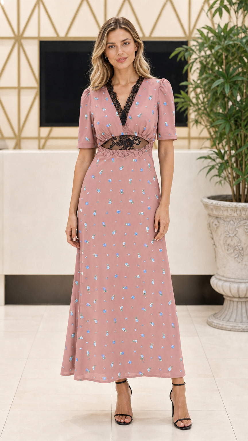Model wearing Dusty Rose floral print maxi dress with black lace trim