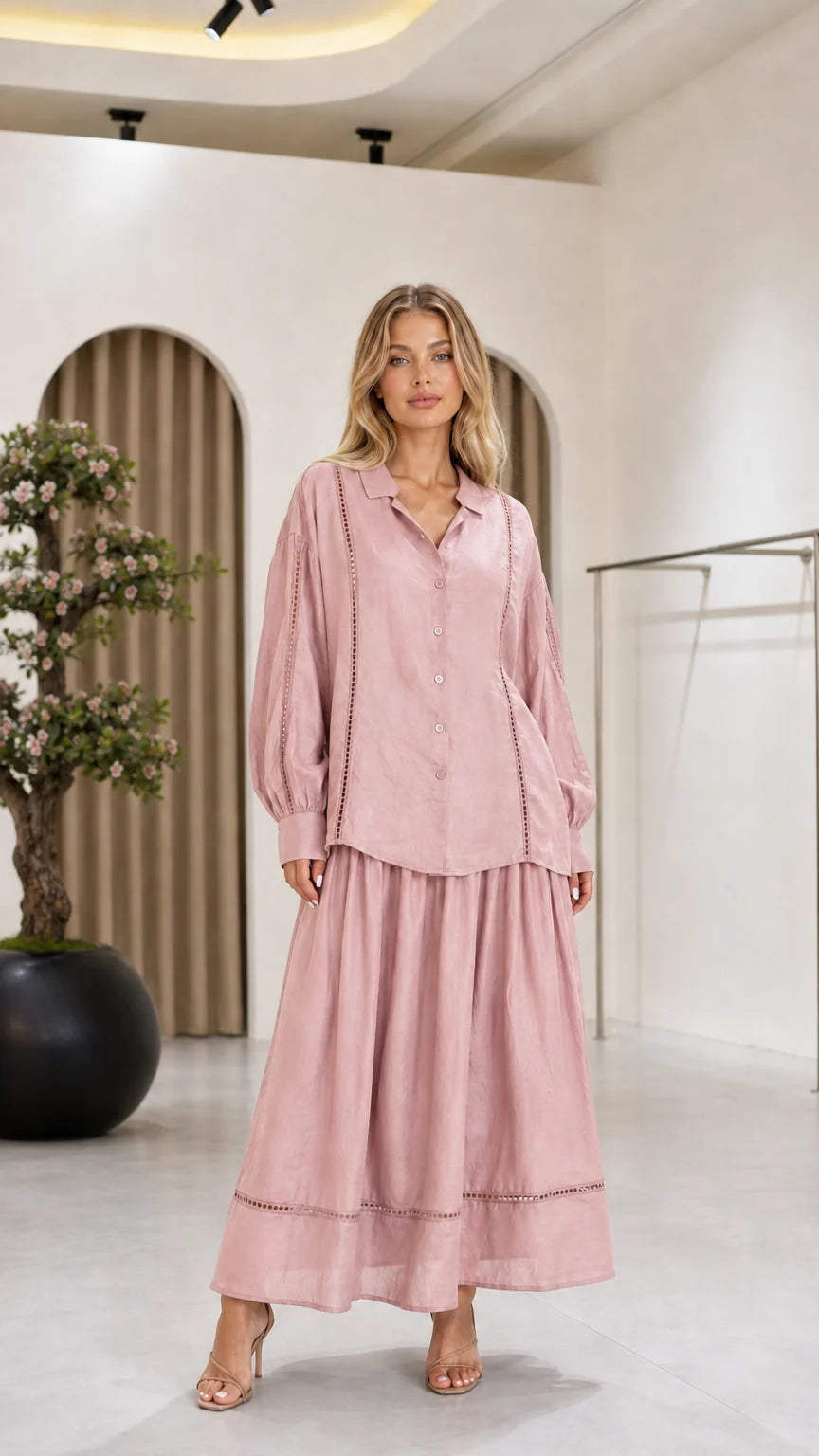 Front view of the dusty pink women's blouse and maxi skirt two-piece set