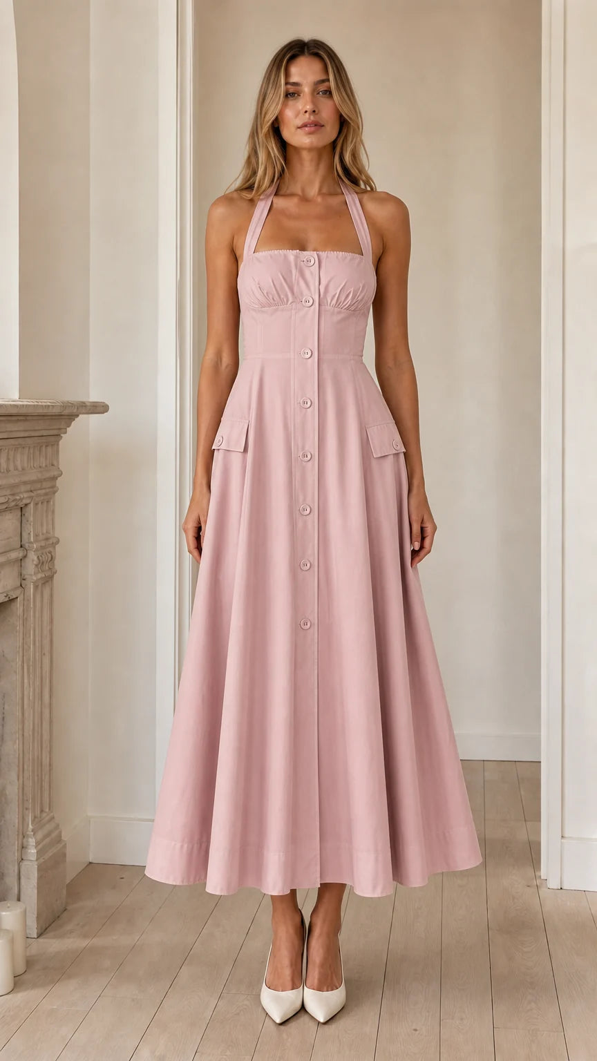 Front view of pink halter midi dress variant