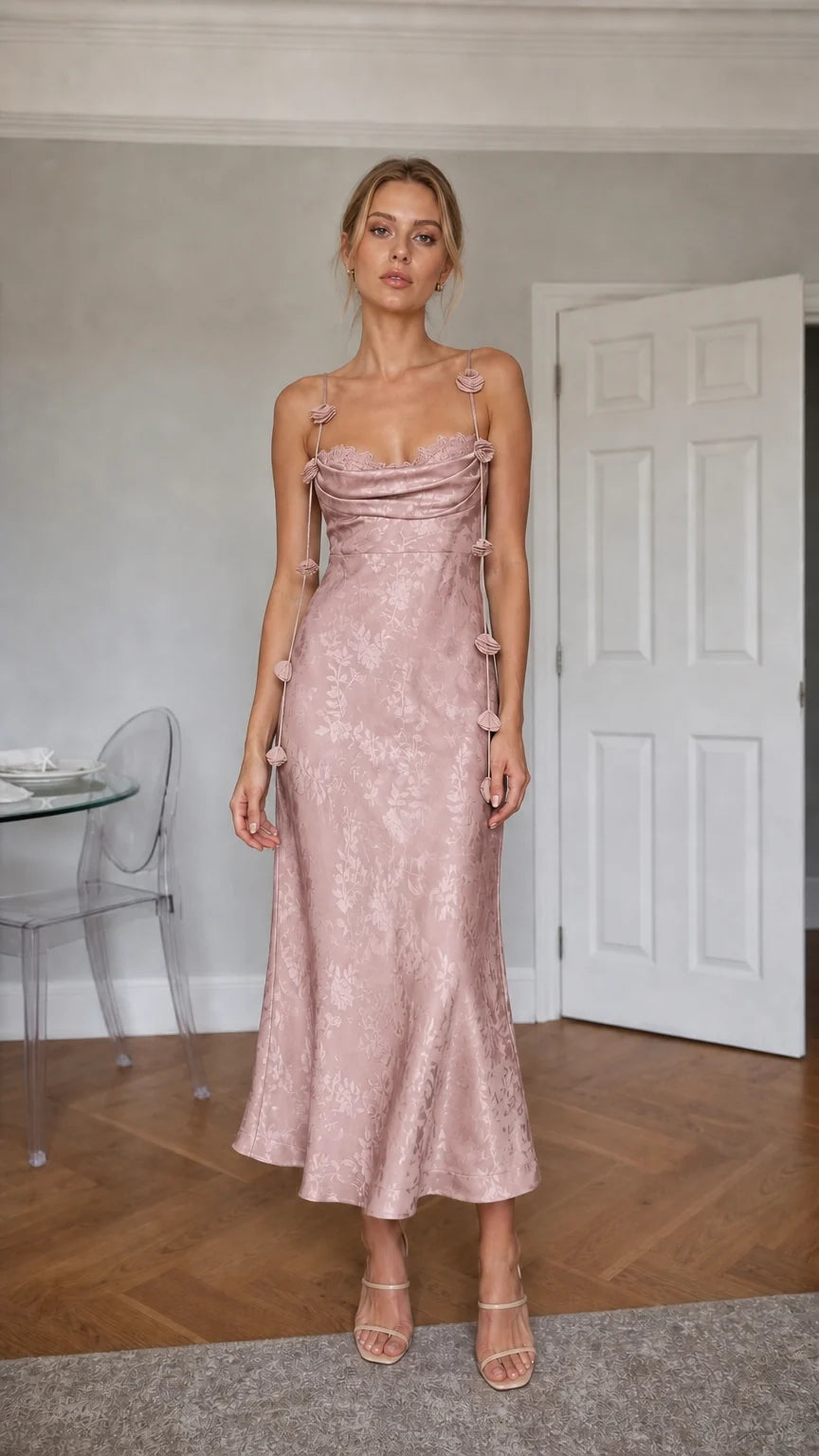 Dusty Pink satin floral midi dress front view