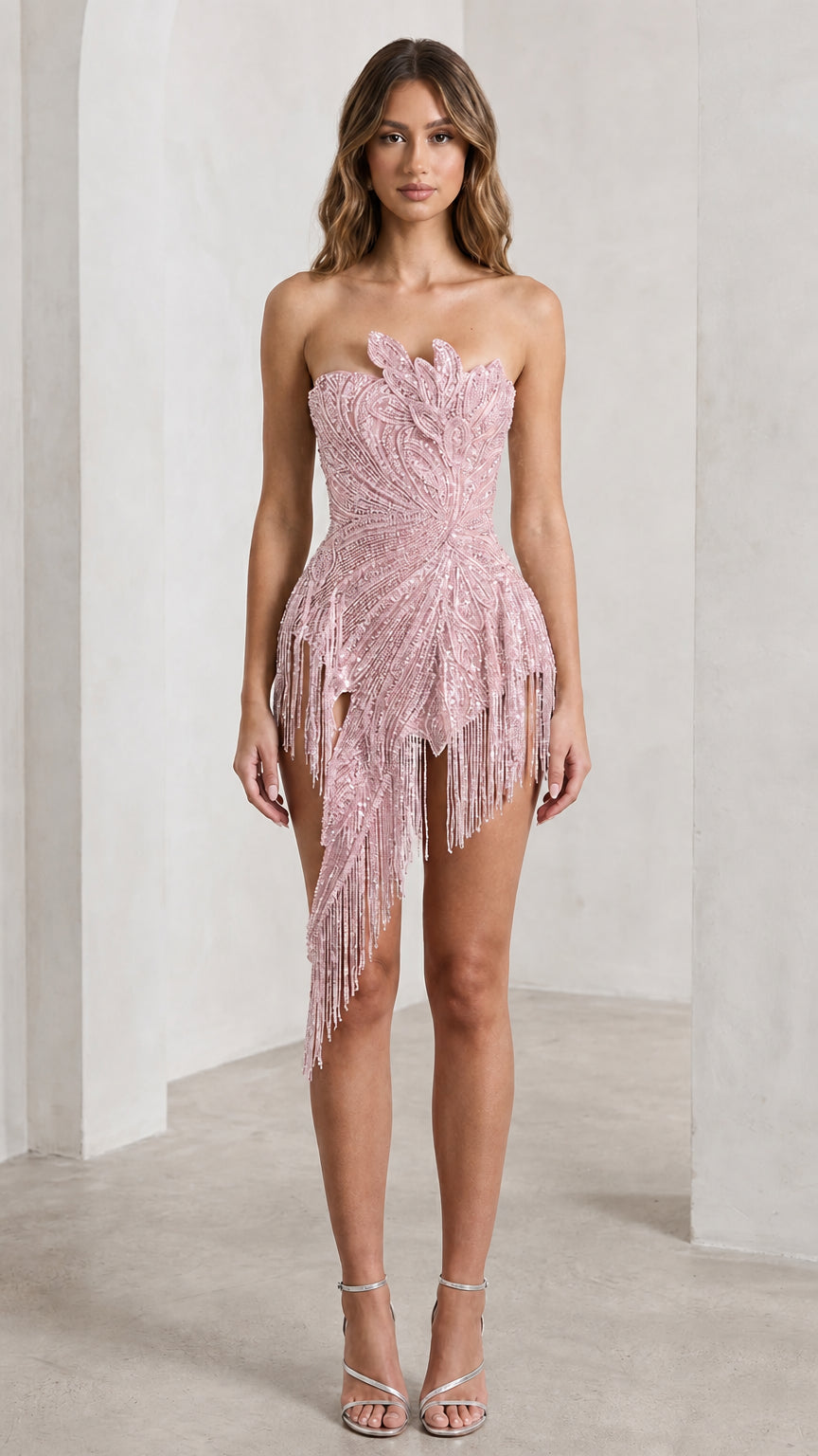 Front view of blush pink strapless beaded fringe mini dress