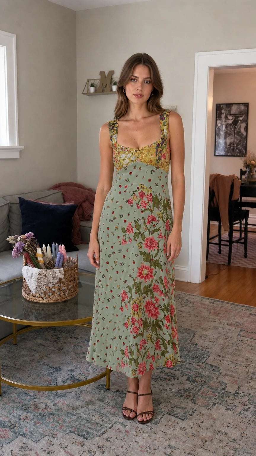 Front view of sage green floral patchwork midi dress on model