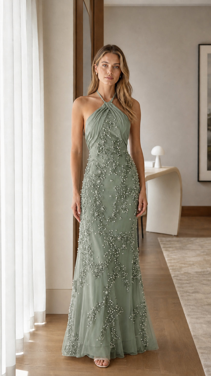 Sage Green halter neck beaded floral maxi evening dress