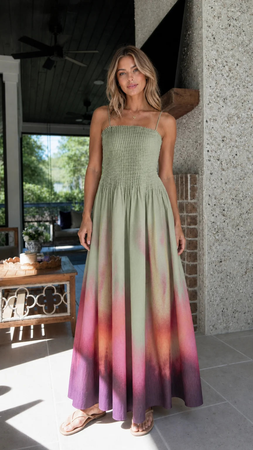 Model wearing sage green gradient tie-dye maxi dress