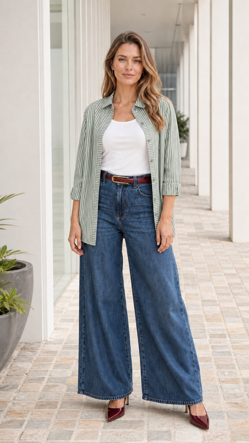 Woman wearing sage green striped button down shirt