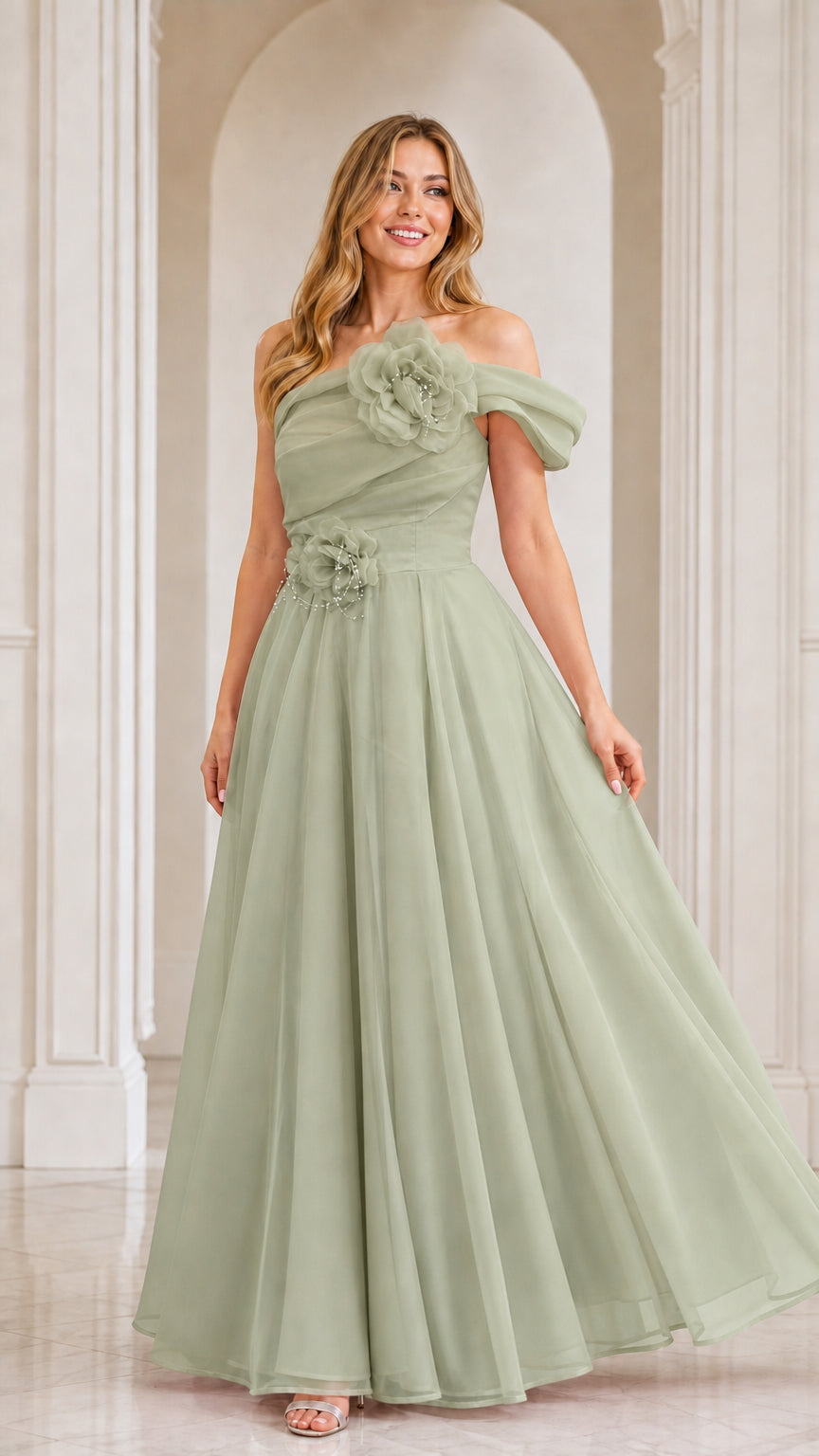Sage green off-the-shoulder floral appliqué formal maxi dress