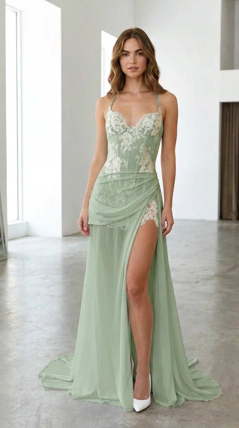 Model wearing sage green floral lace bustier evening gown with side drape