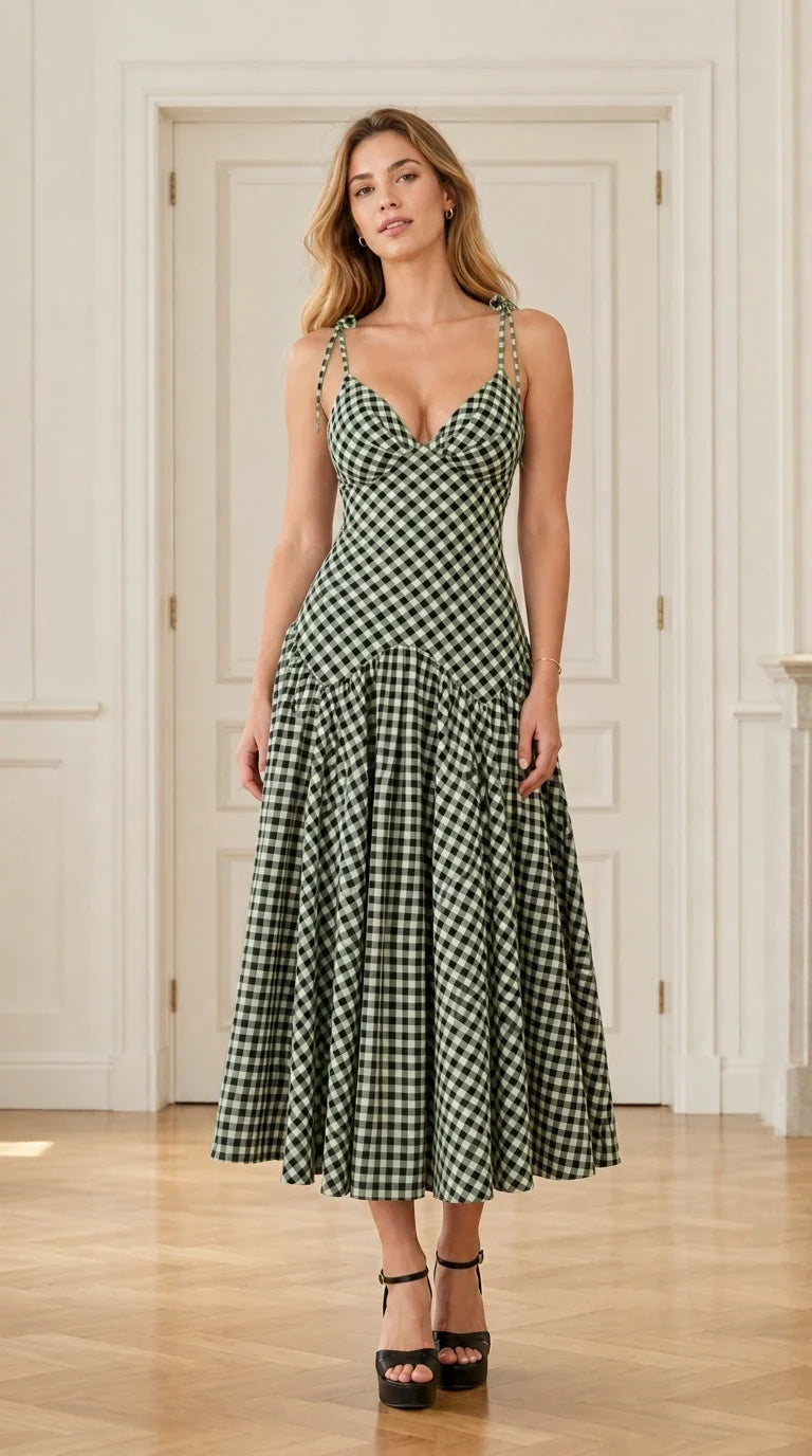 Front view of model wearing green and white gingham midi dress