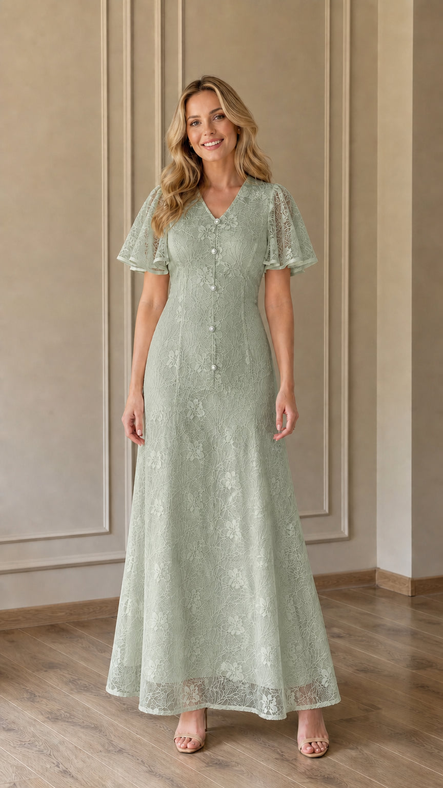 Front view of Sage Green lace maxi dress on model