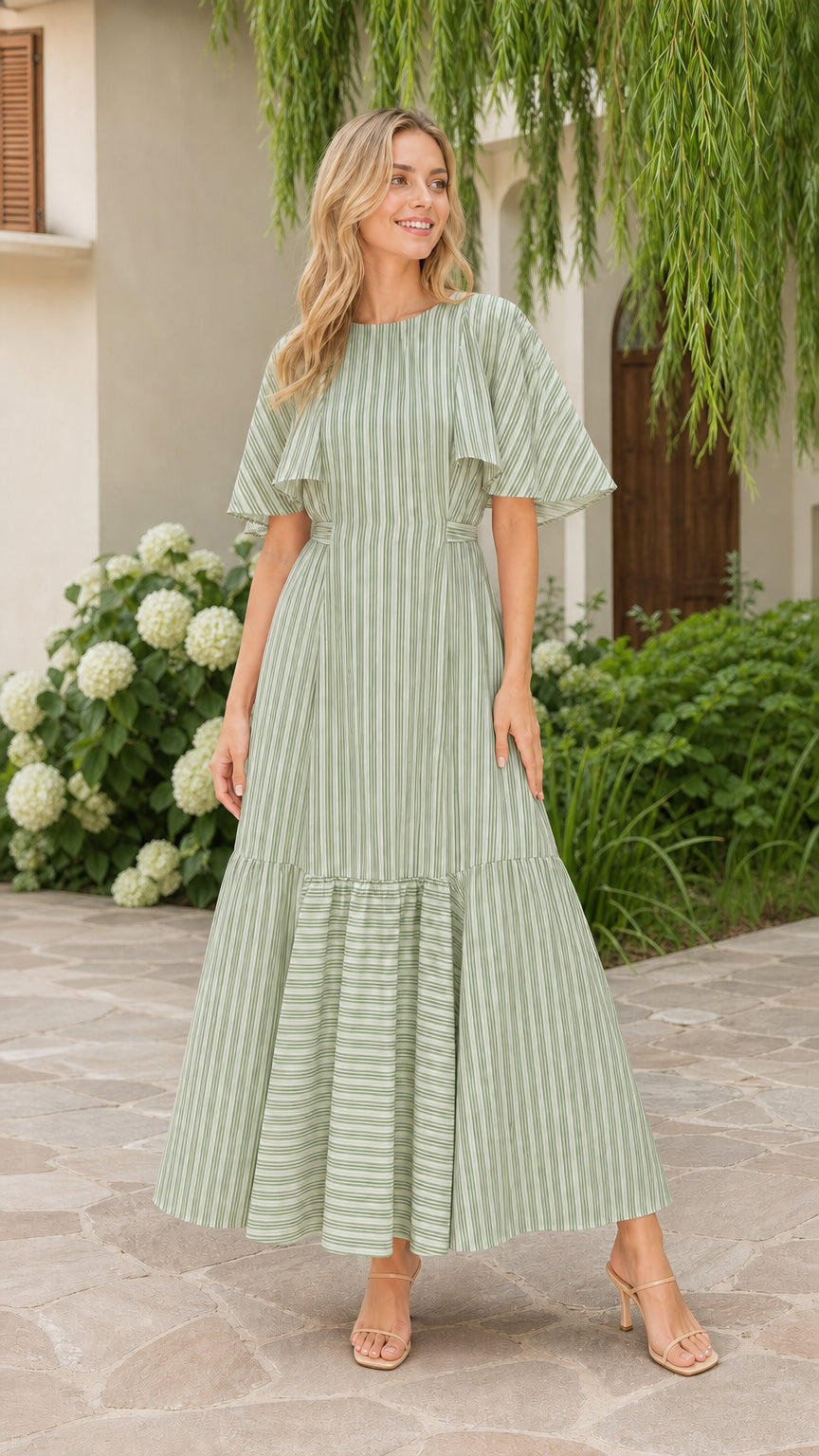 Front view of model wearing sage green striped flutter sleeve maxi dress