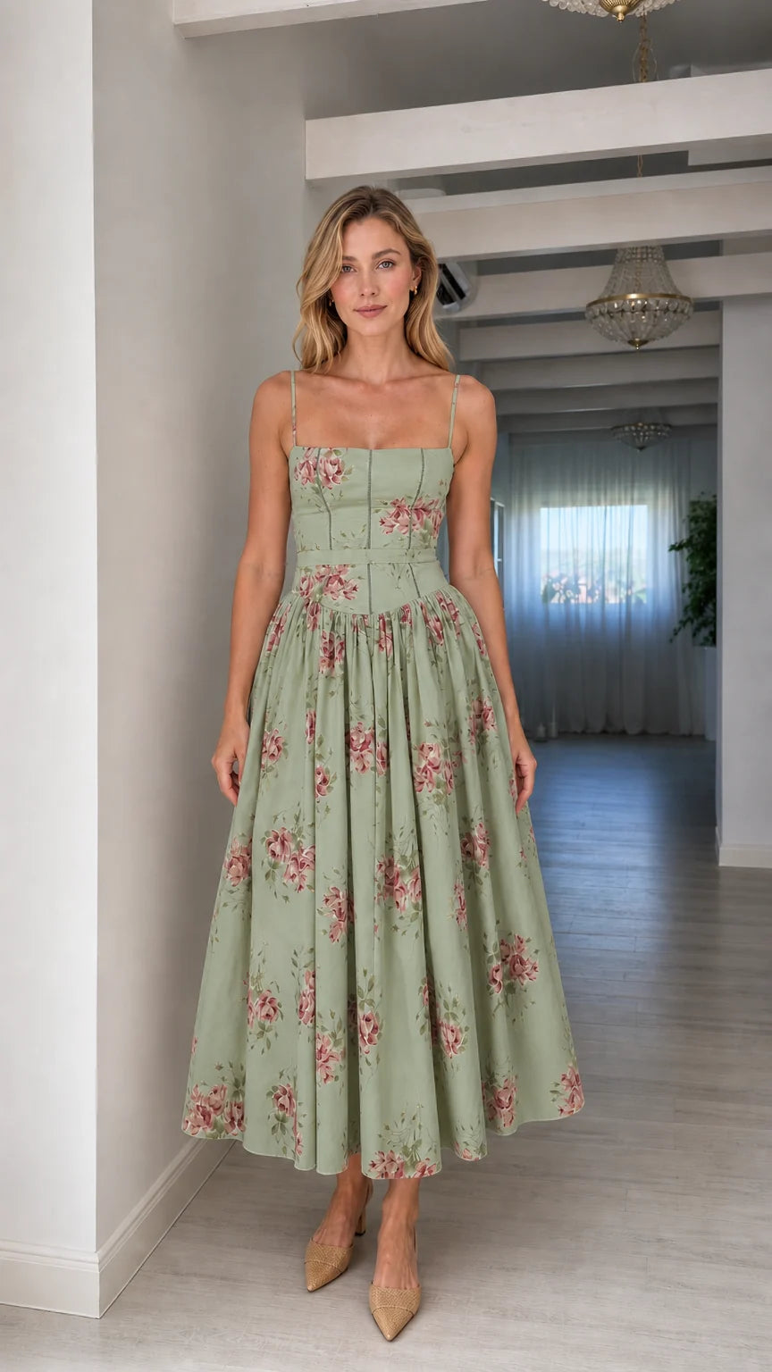 Woman wearing sage green floral midi dress