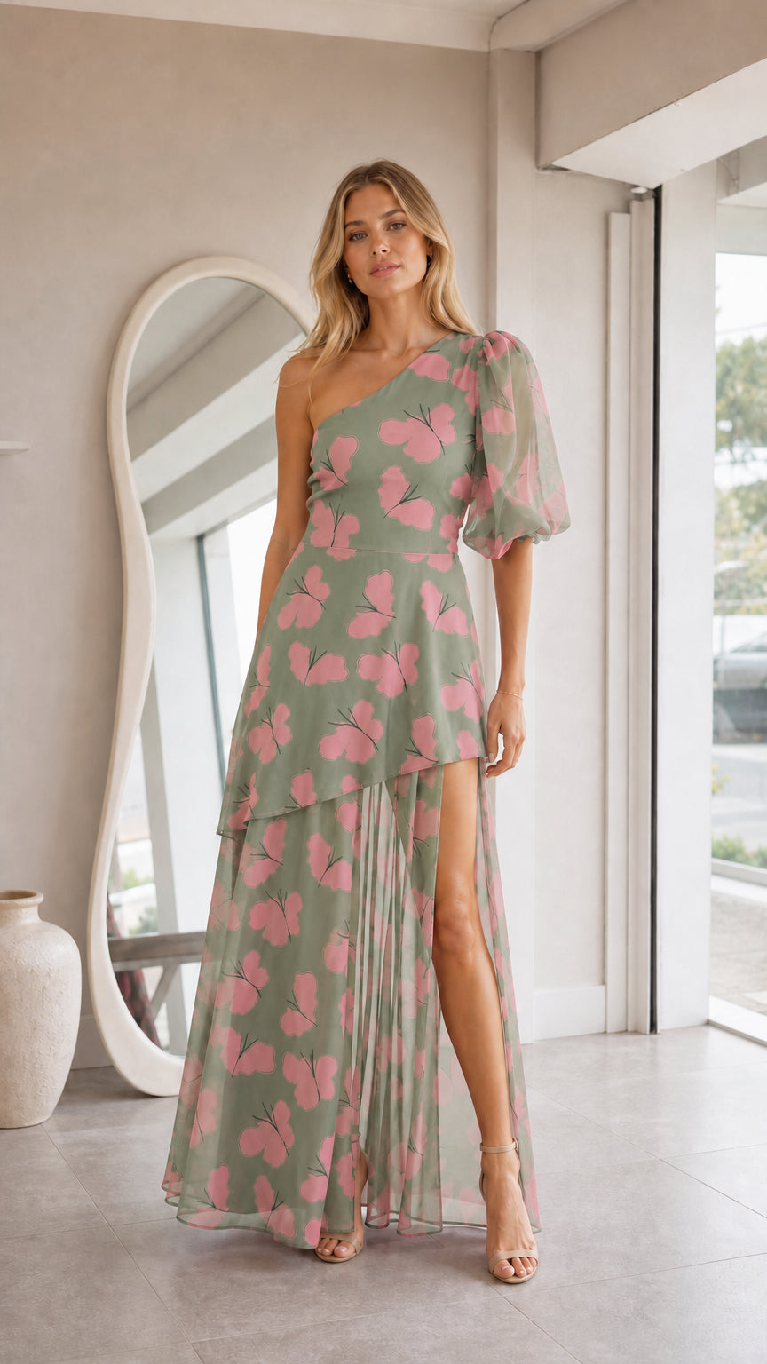 Front view of model in sage green butterfly print one-shoulder maxi dress with puff sleeve and slit