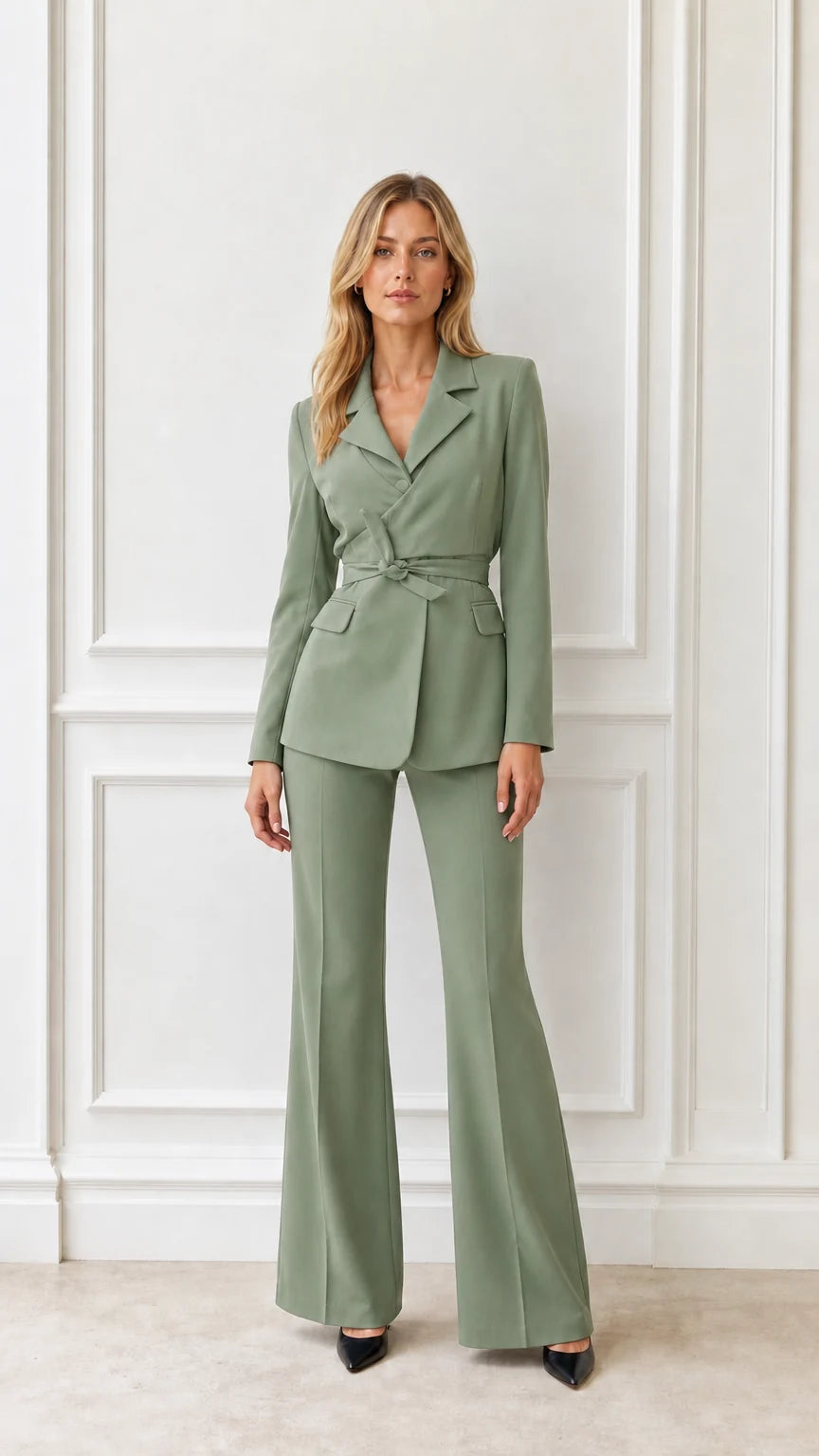 Full length view of woman in sage green blazer and flared pants suit