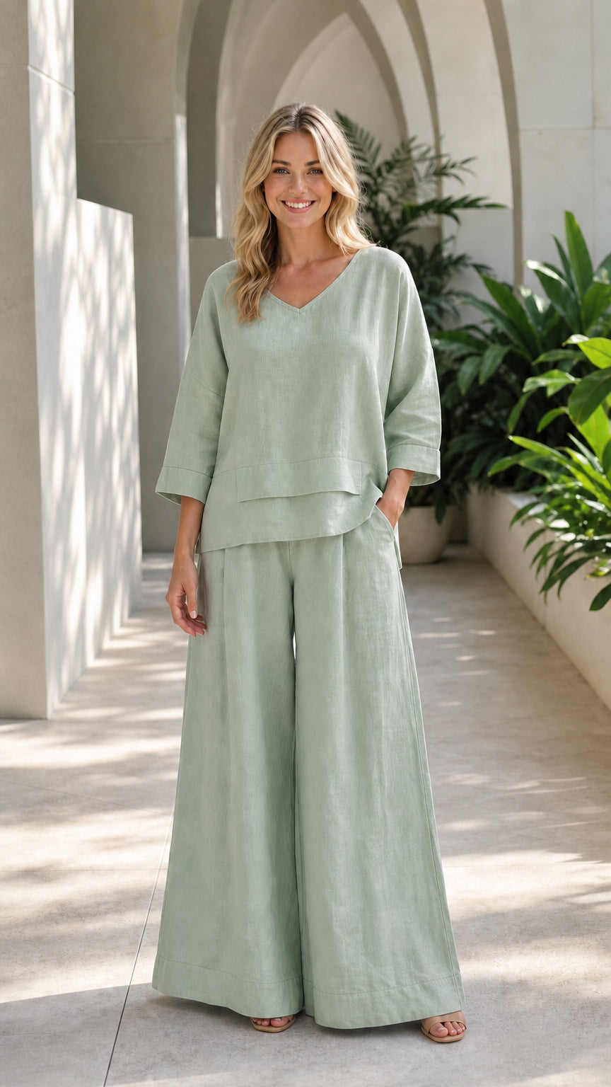 Woman wearing sage green two-piece wide-leg lounge set