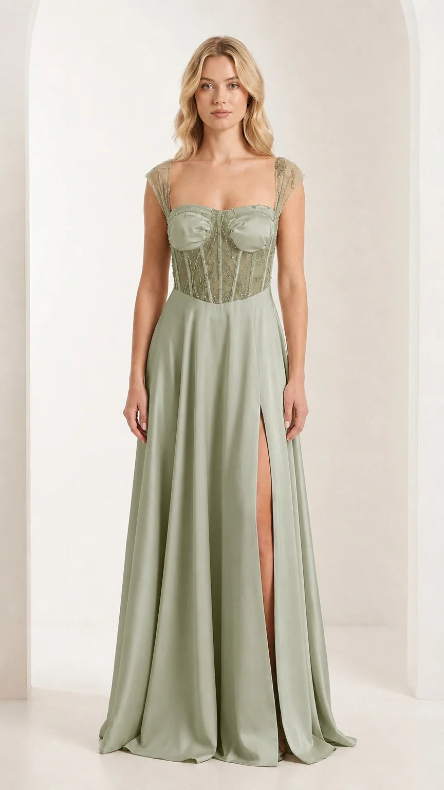 Front view of sage green corset evening gown