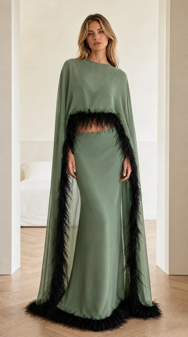 Full-length view of sage green cape evening gown set with contrast feather trim