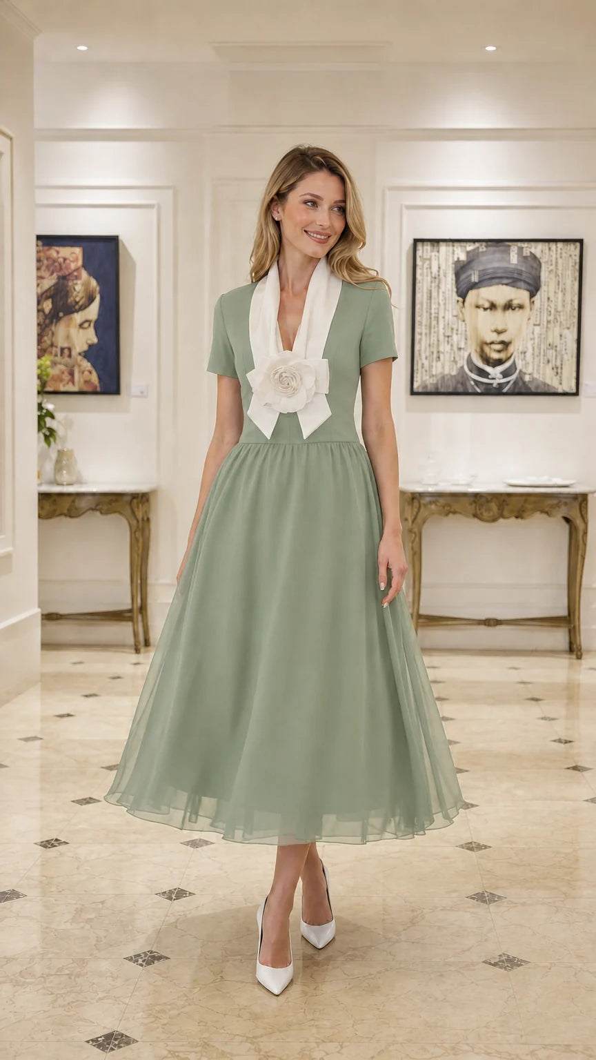 Front full view of Sage tulle midi dress