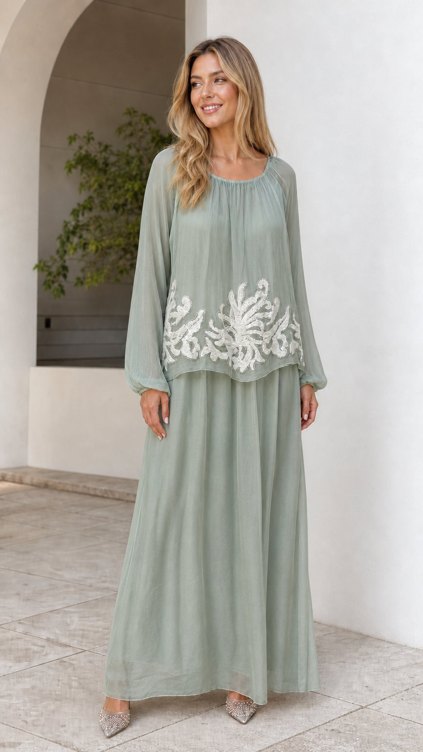 Sage green layered long sleeve formal maxi dress