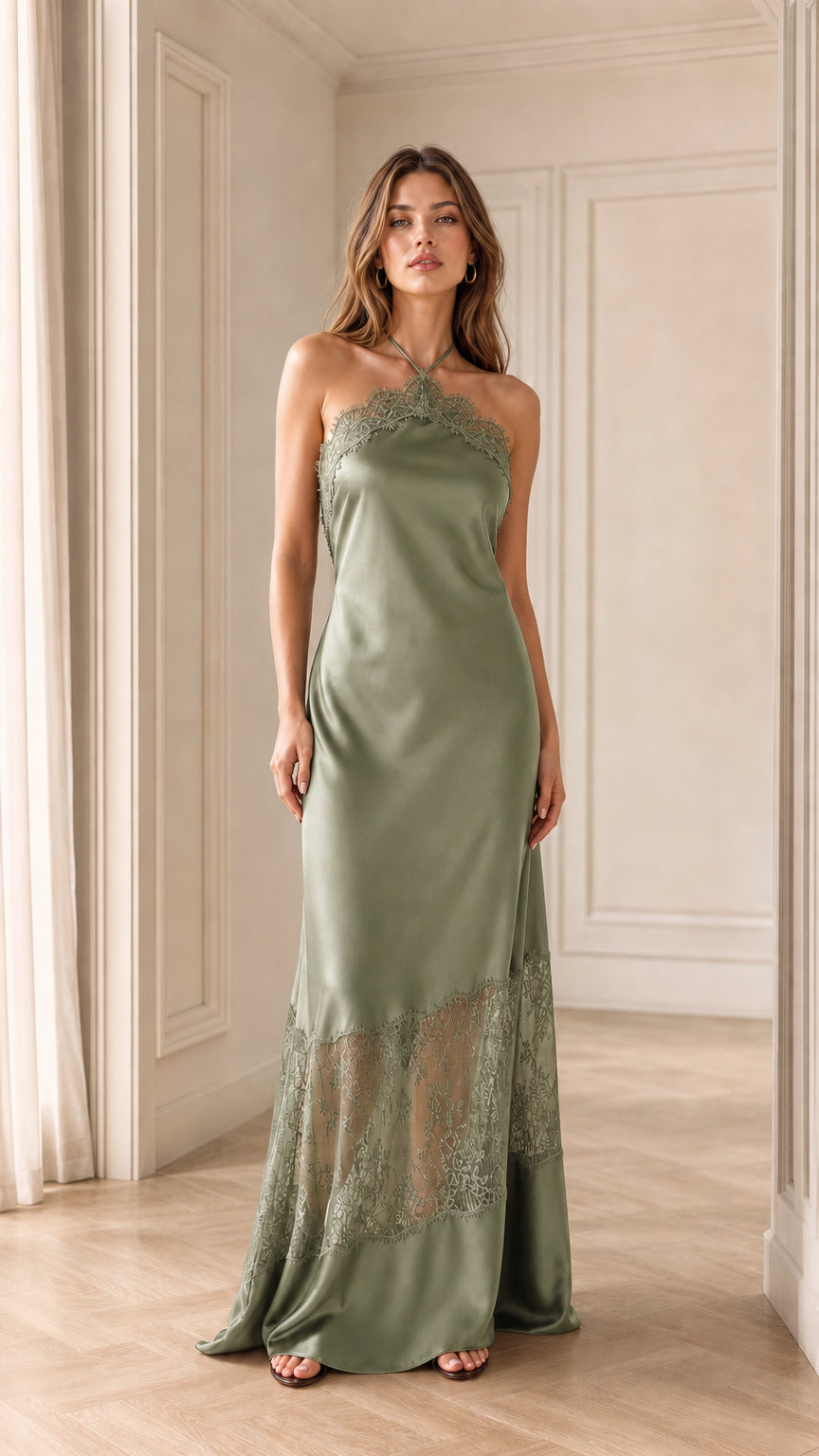 Sage green satin halter backless maxi dress