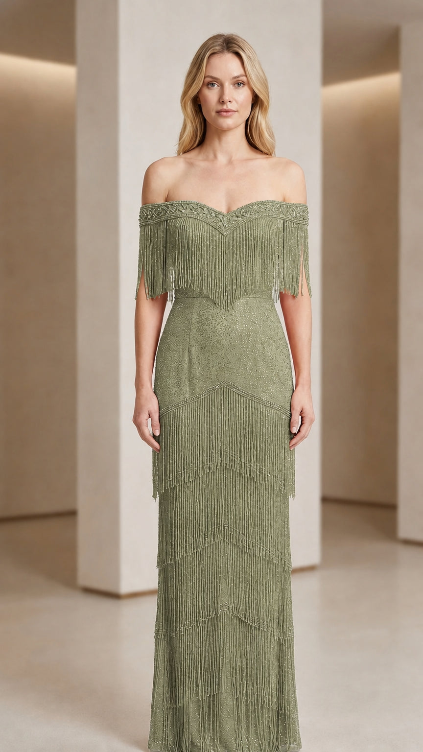 Front view of woman wearing sage green off-shoulder beaded fringe evening gown
