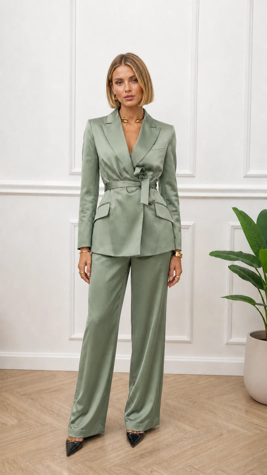 Woman wearing sage green satin two-piece suit